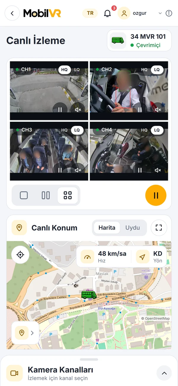 Canlı izleme ekranı: dört kamera kanalı ve canlı konum