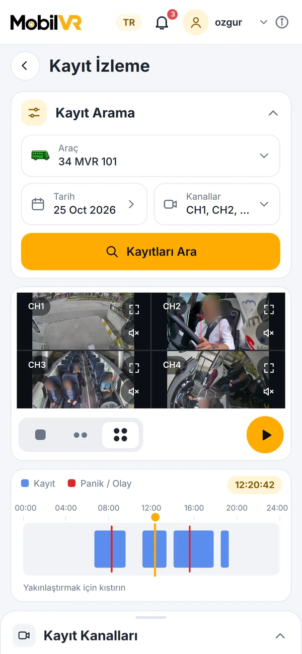 Kayıt izleme ekranı: kanal seçimi ve zaman çizelgesi
